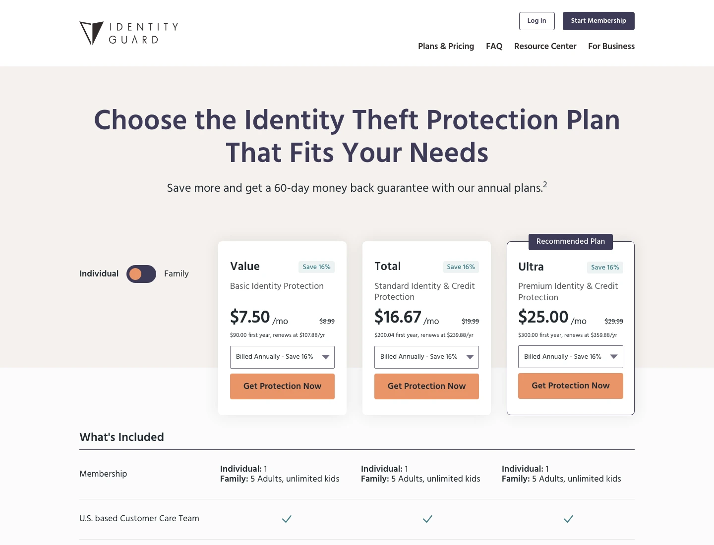Identity Guard pricing page showing Value, Total, and Ultra annual pricing