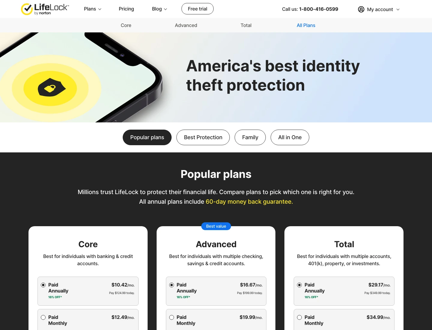 LifeLock pricing page showing Core, Advanced, and Total plan pricing