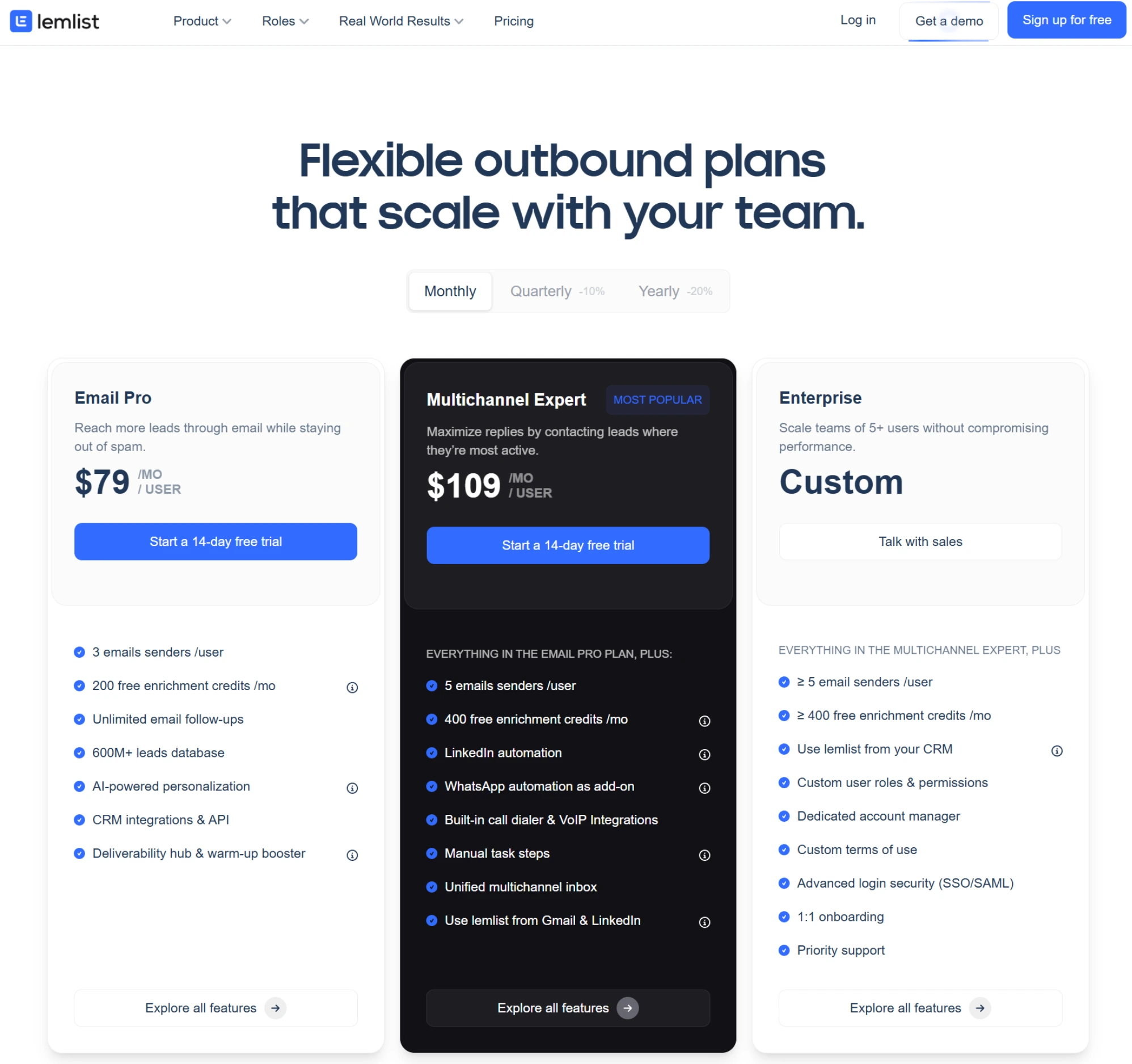 Lemlist pricing page showing per-user plans and add-ons for extra senders and deliverability features