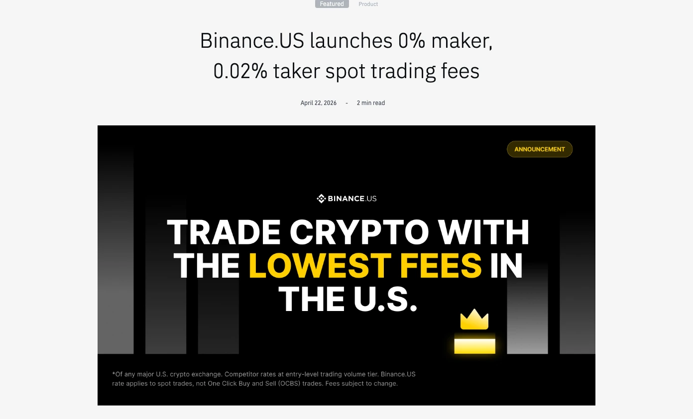 Binance.US announcement of zero percent maker and 0.02 percent taker Advanced Spot fees