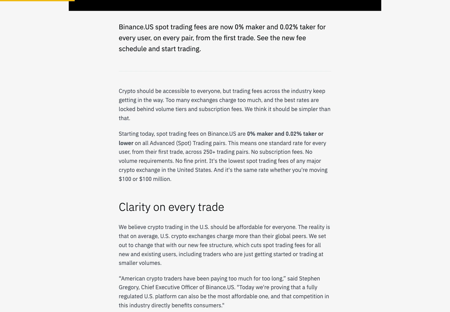 Binance.US article announcing 0% maker and 0.02% taker spot trading fees