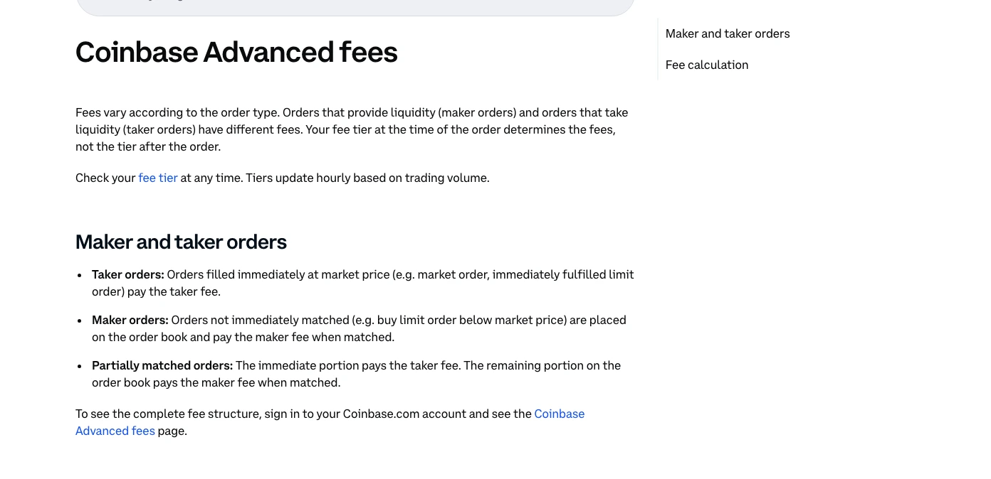 Coinbase Advanced fee help page explaining maker and taker fees, hourly tier updates, and order-preview visibility