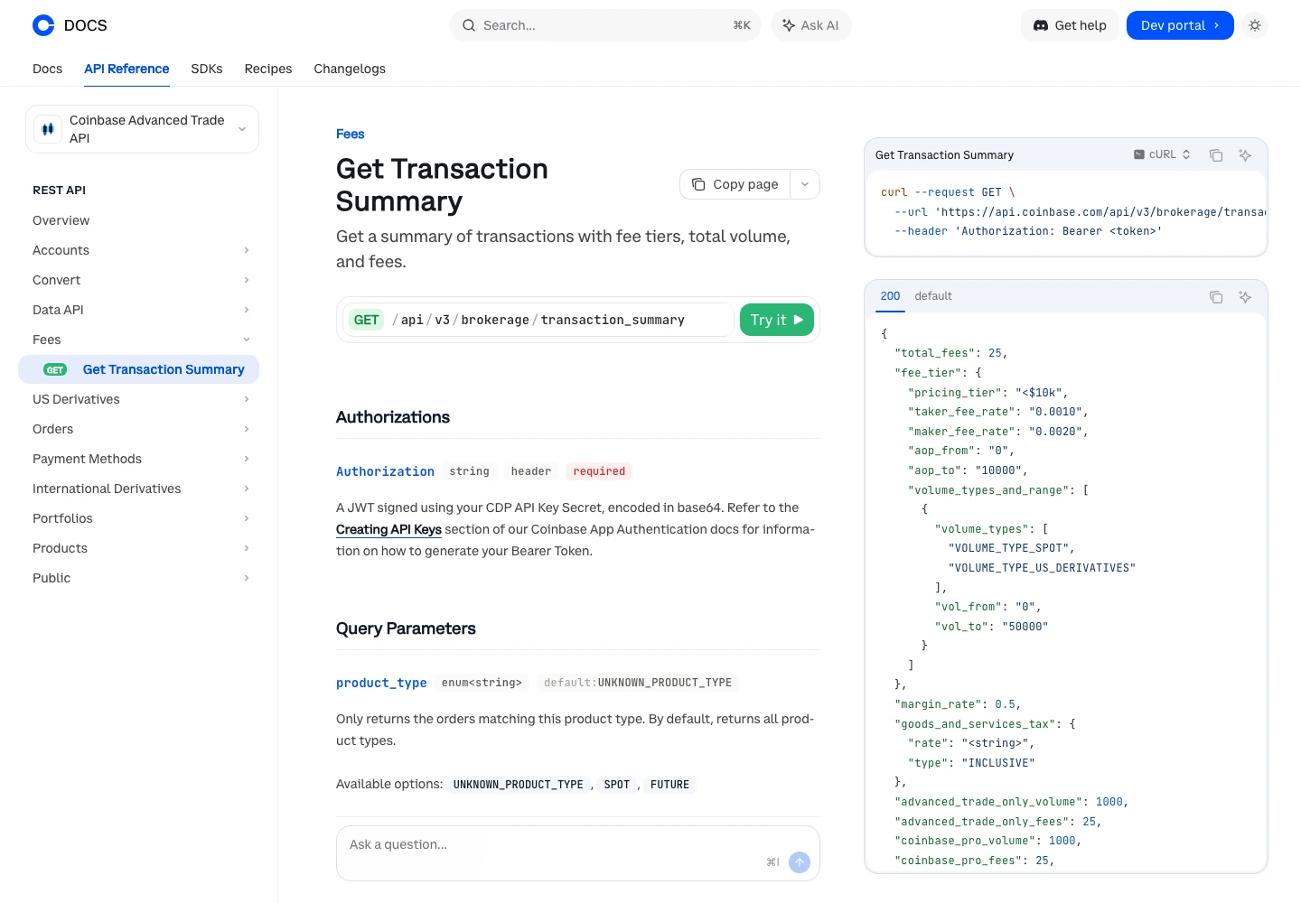 Coinbase Advanced Trade API documentation showing fee tier and transaction summary fields