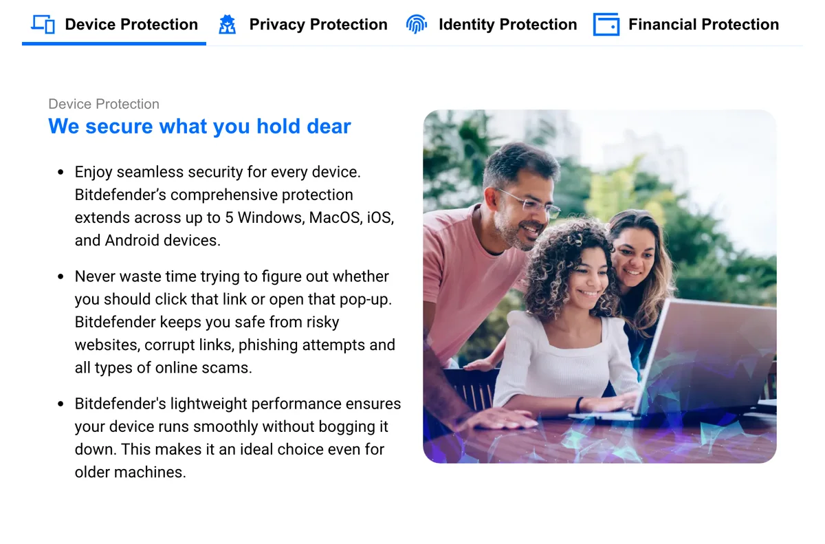 Bitdefender Device Protection section showing up to five Windows, macOS, iOS, and Android devices plus risky website and phishing protection