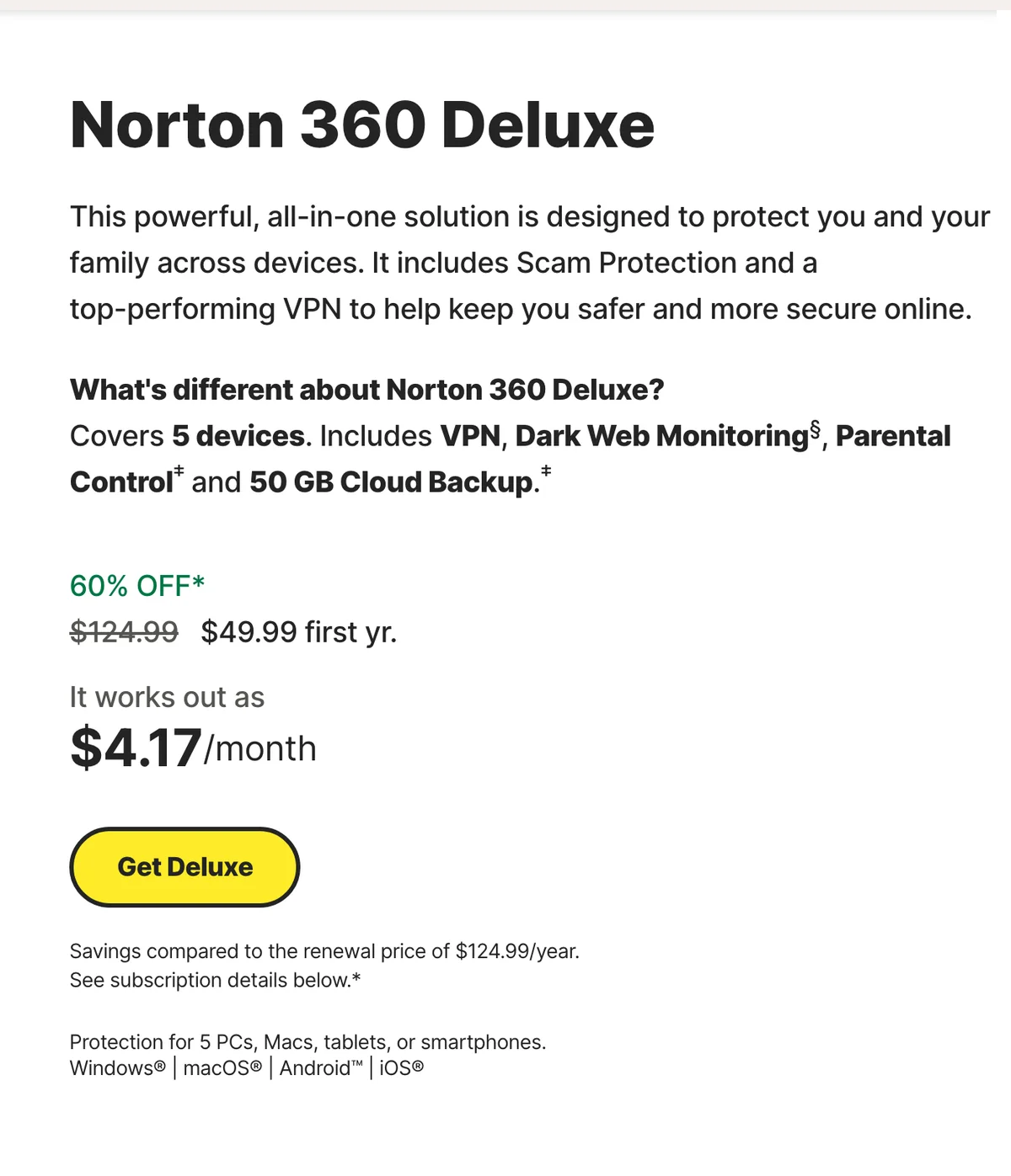 Norton 360 Deluxe page showing first-year price, renewal price, five-device coverage, VPN, dark web monitoring, parental control, and cloud backup