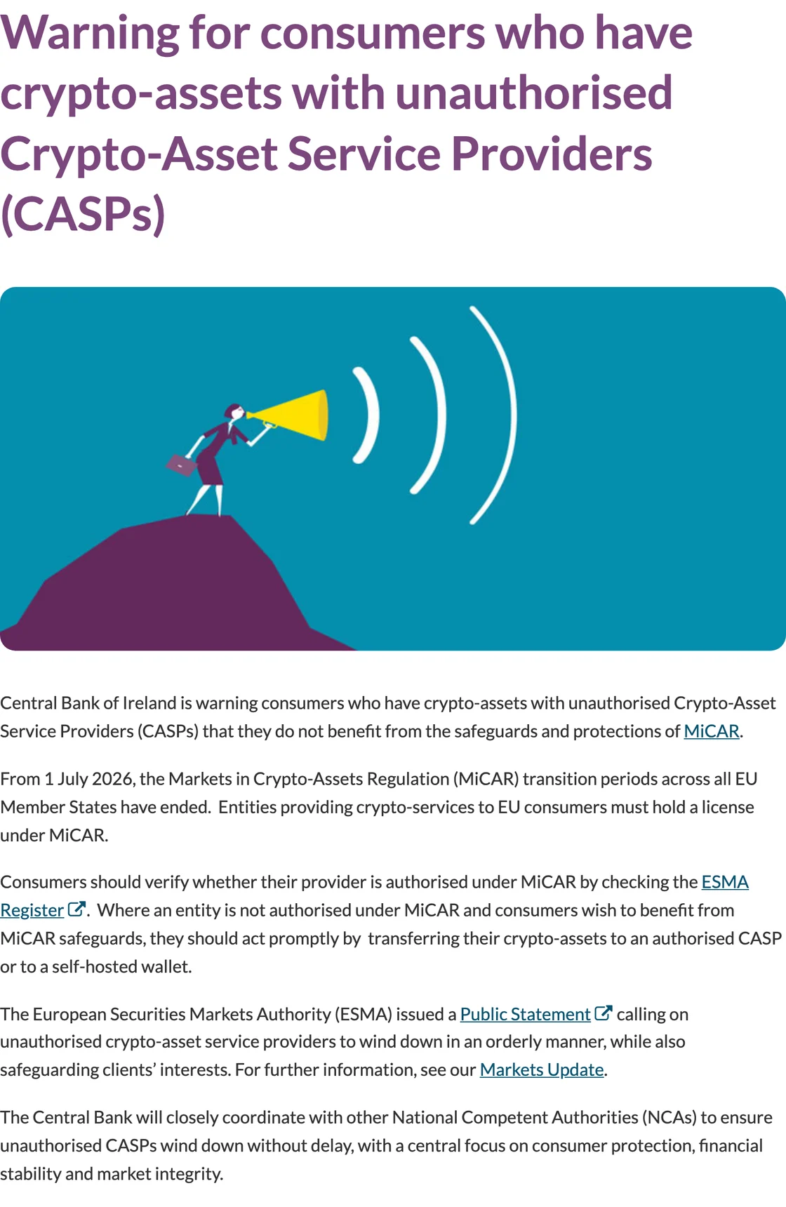 Central Bank of Ireland warning stating the July 1 2026 MiCA deadline and options to transfer to an authorised provider or self-hosted wallet