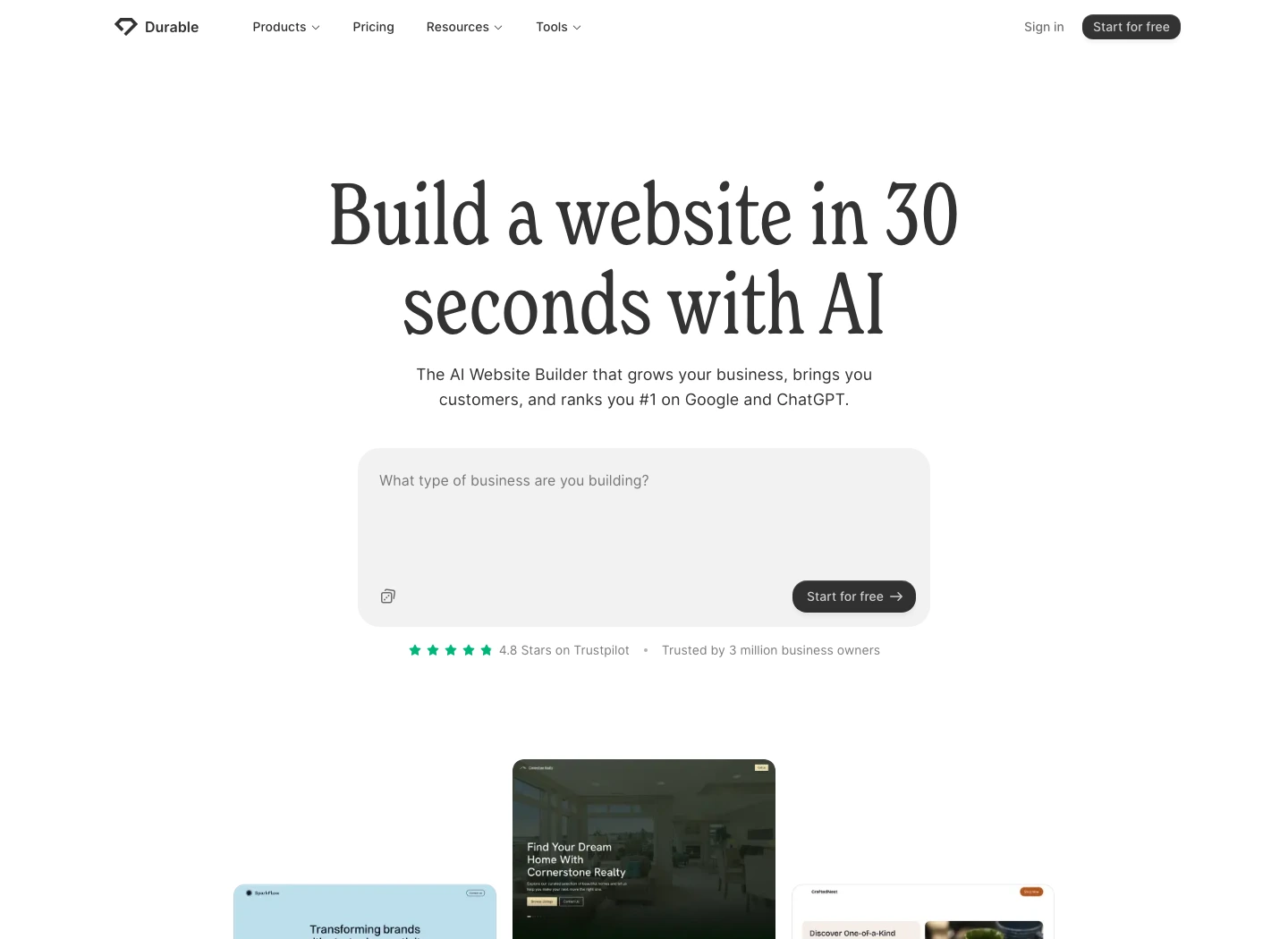 Durable official AI website builder page showing a three-question AI website setup flow and business-owner positioning