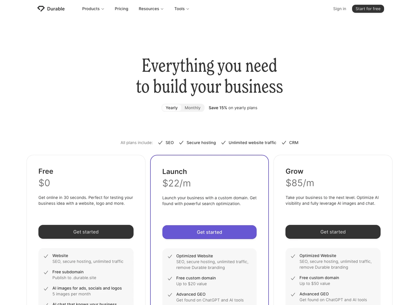 Durable official pricing page showing Free, Launch, and Grow yearly prices with SEO hosting traffic and CRM included