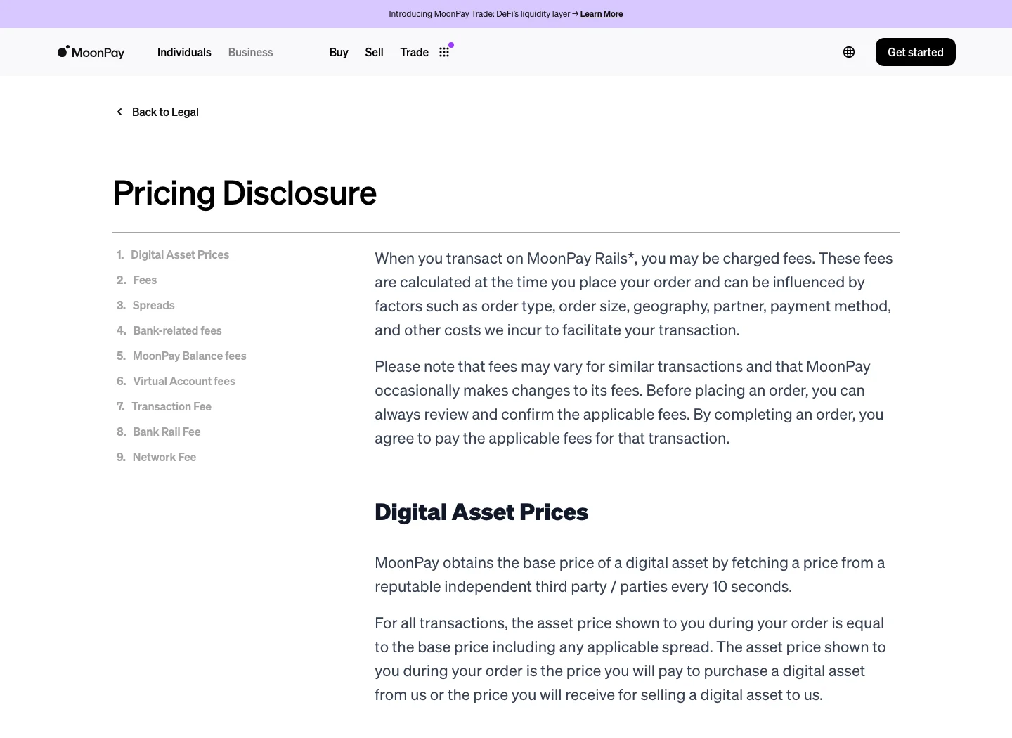 Official MoonPay pricing disclosure showing fees vary by order size geography partner payment method and other costs