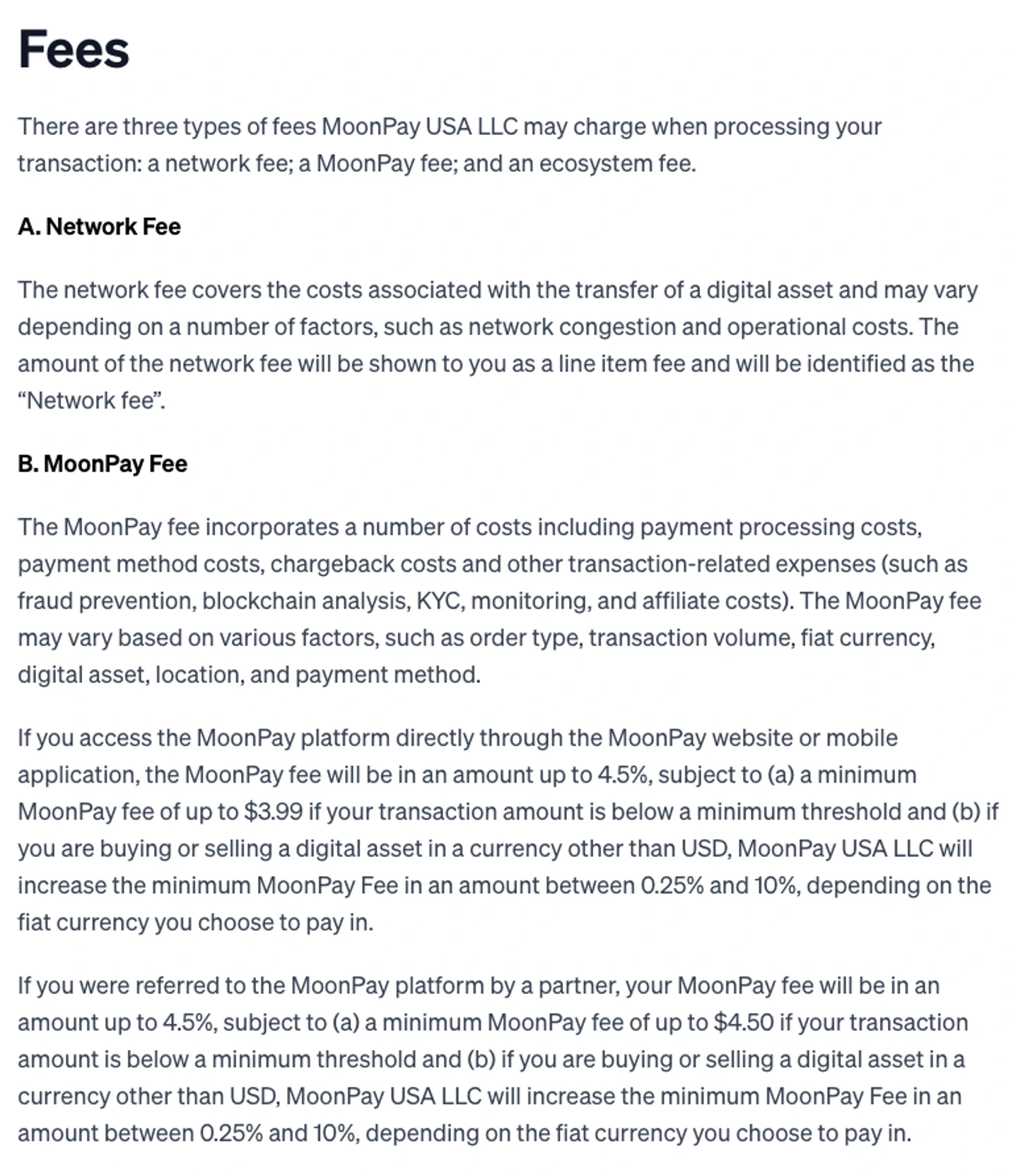 Official MoonPay USA LLC pricing disclosure showing the MoonPay fee cap and minimum-fee conditions