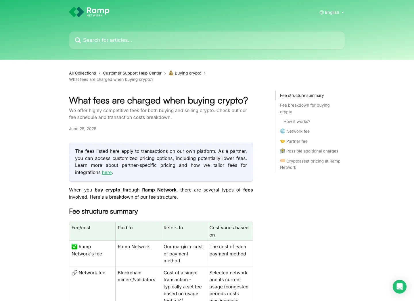 Official Ramp Network help page showing fee structure summary for buying crypto