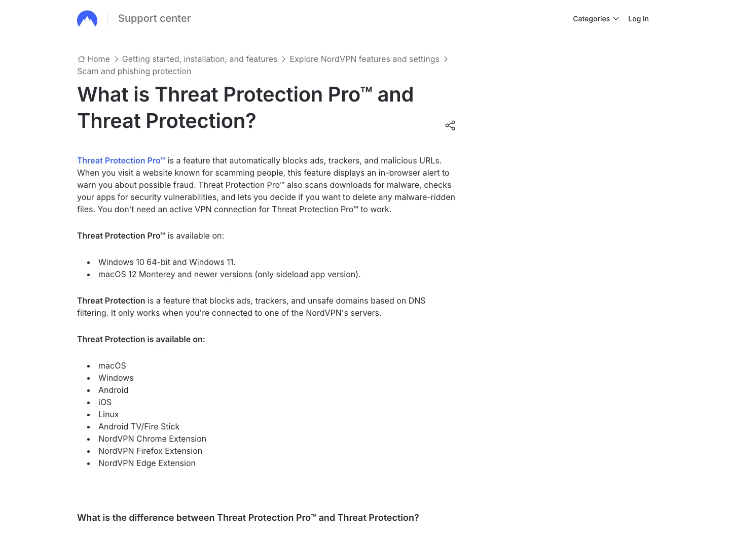 NordVPN support page explaining Threat Protection Pro and platform availability