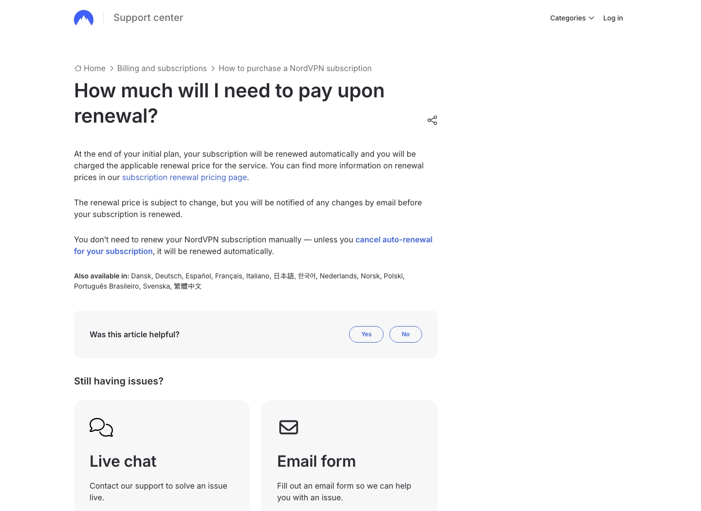 NordVPN support page explaining automatic renewal and applicable renewal pricing