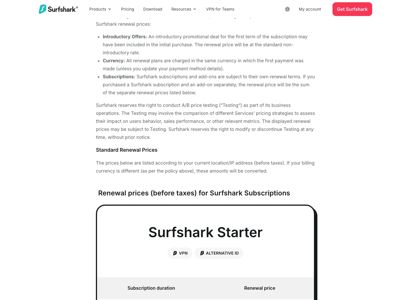 Surfshark renewal terms page showing standard renewal pricing and introductory offer notes