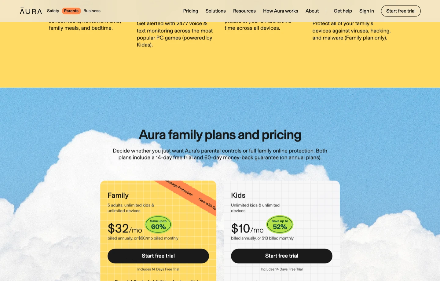 Aura parental controls pricing section showing Kids and Family plan prices