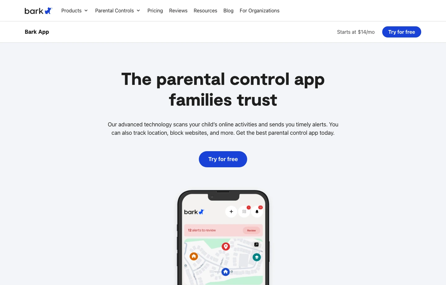 Bark App page showing parental control positioning and starting price