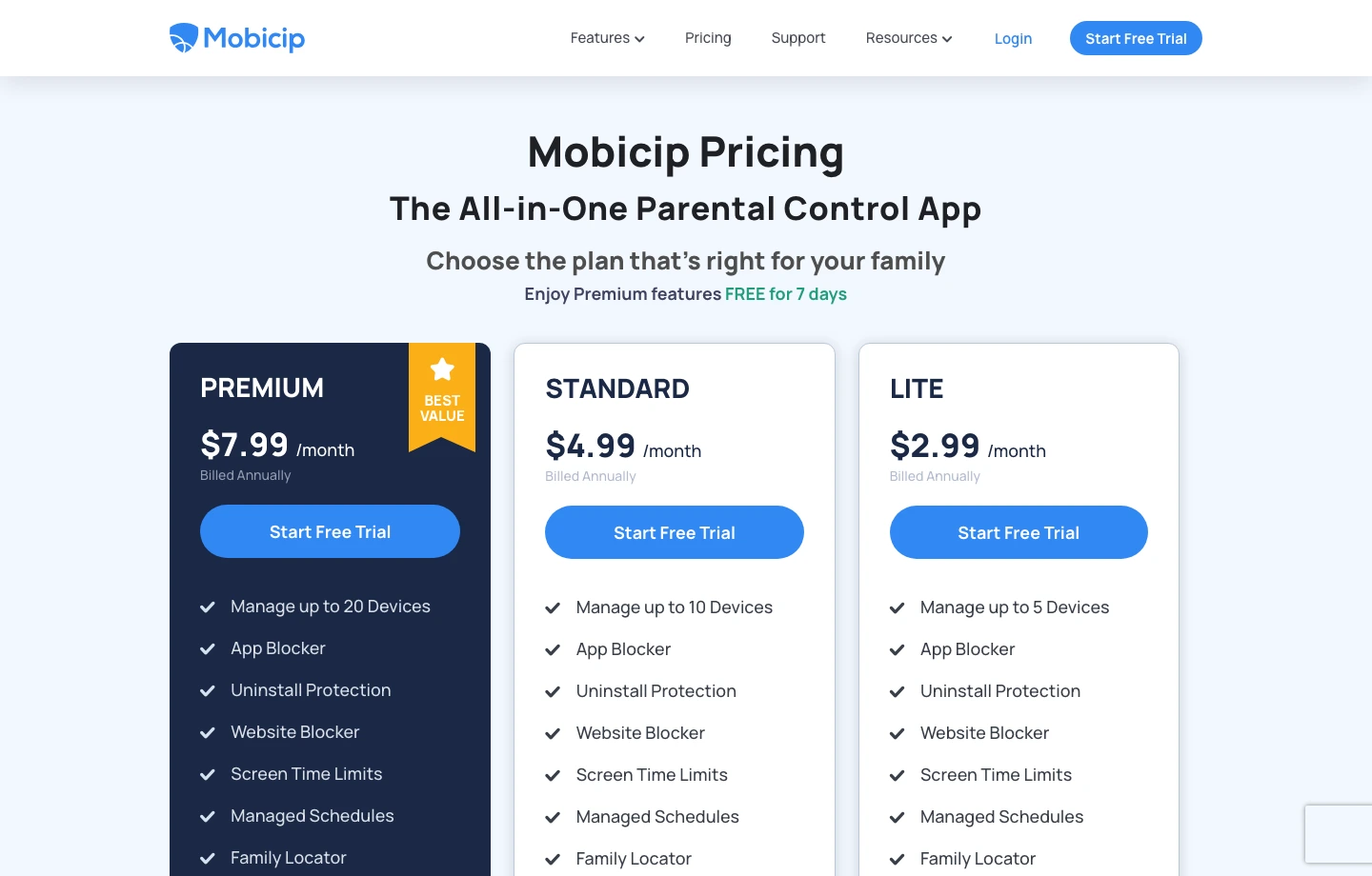Mobicip pricing cards showing Lite, Standard, and Premium device-count tiers
