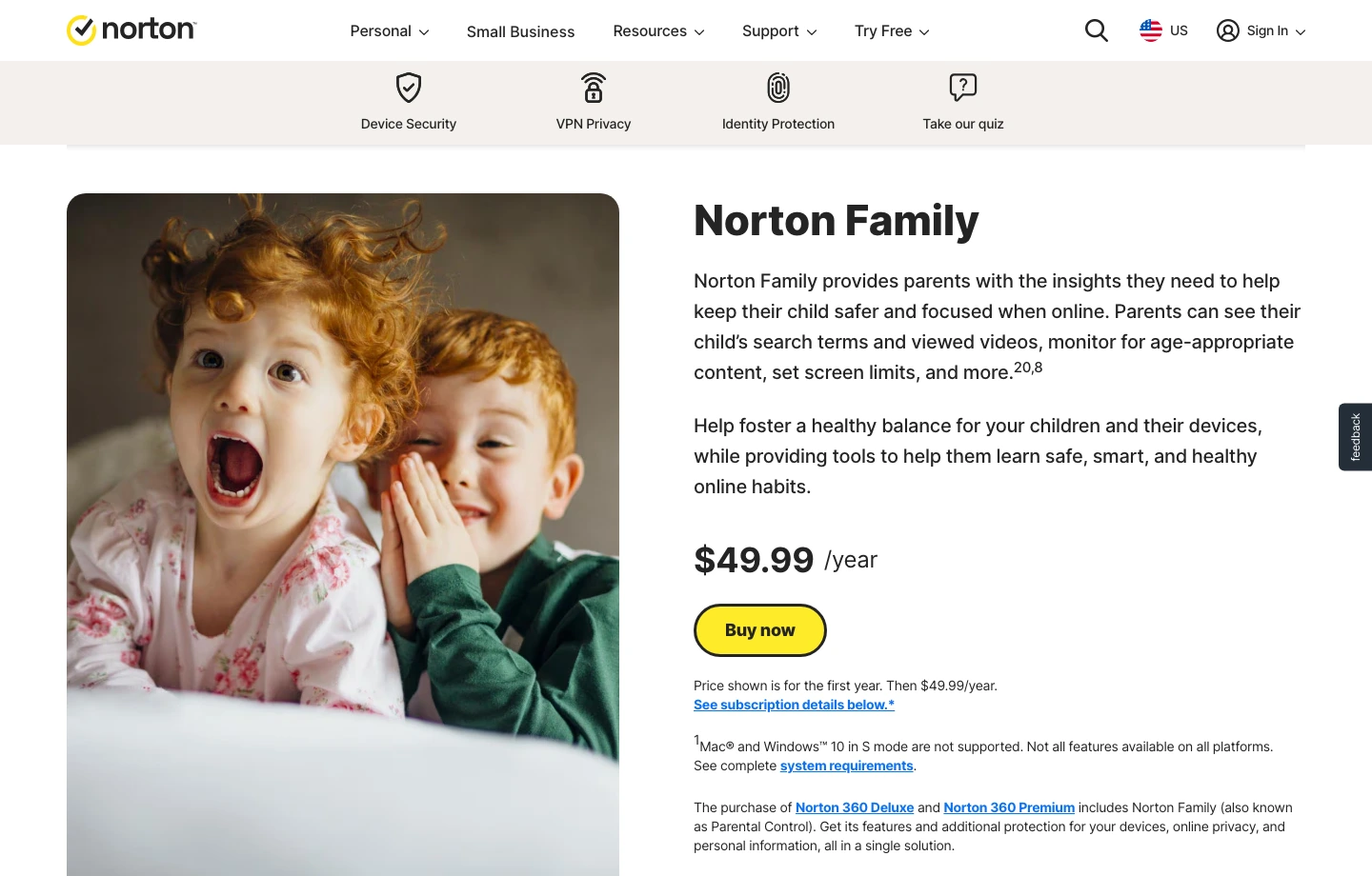 Norton Family official page showing price and platform caveats