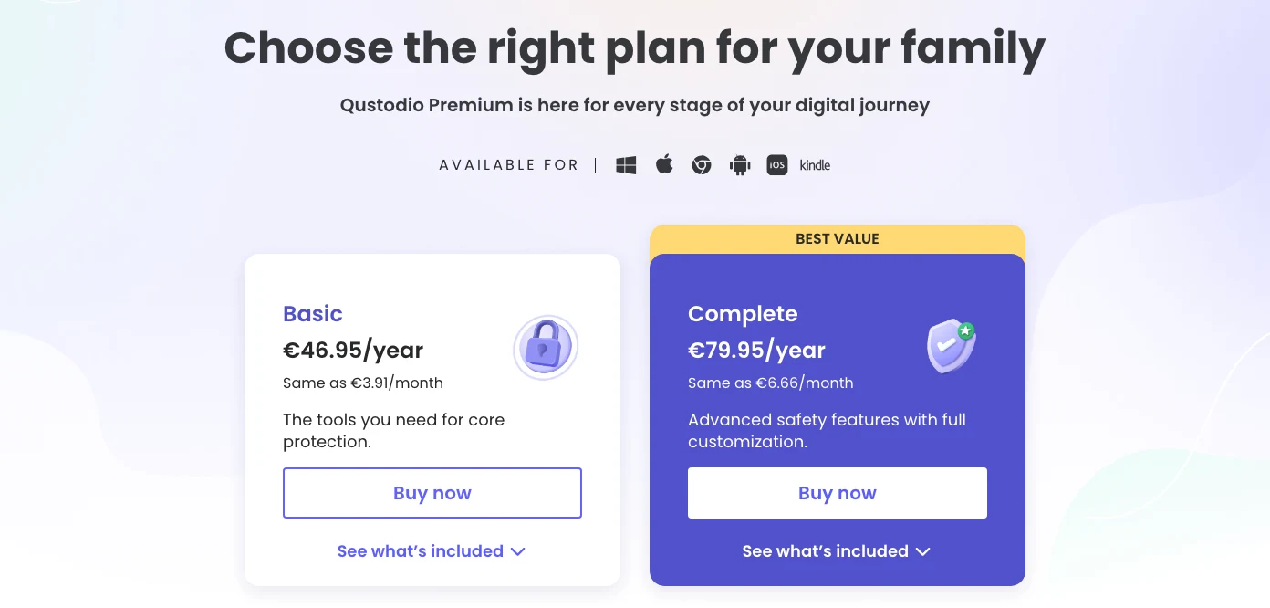Qustodio Basic and Complete annual plan cards in the regional pricing view
