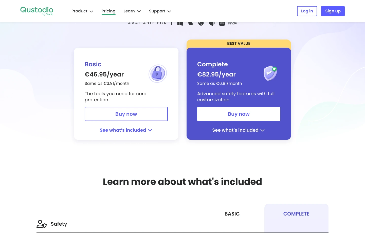Qustodio pricing cards showing Basic and Complete annual plans
