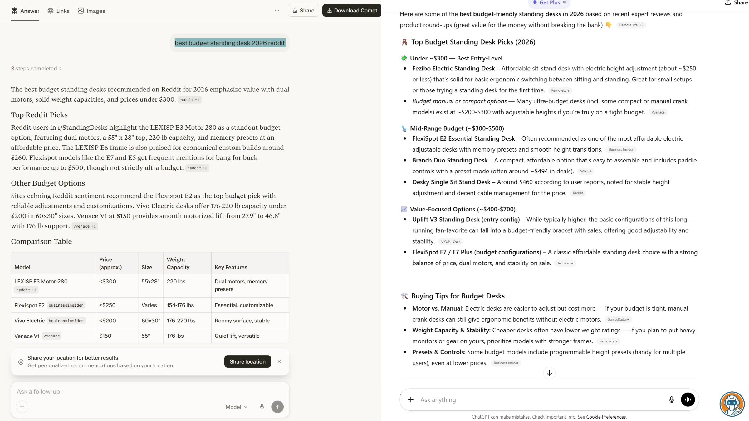 Citation comparison showing same query in Perplexity and ChatGPT Search with different source citations