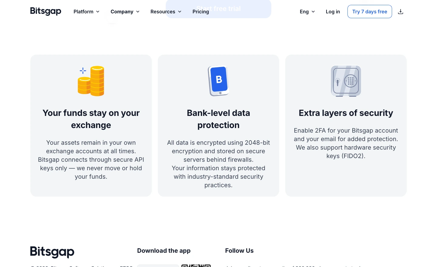 Bitsgap security page stating that assets remain on connected exchanges and Bitsgap connects through API keys