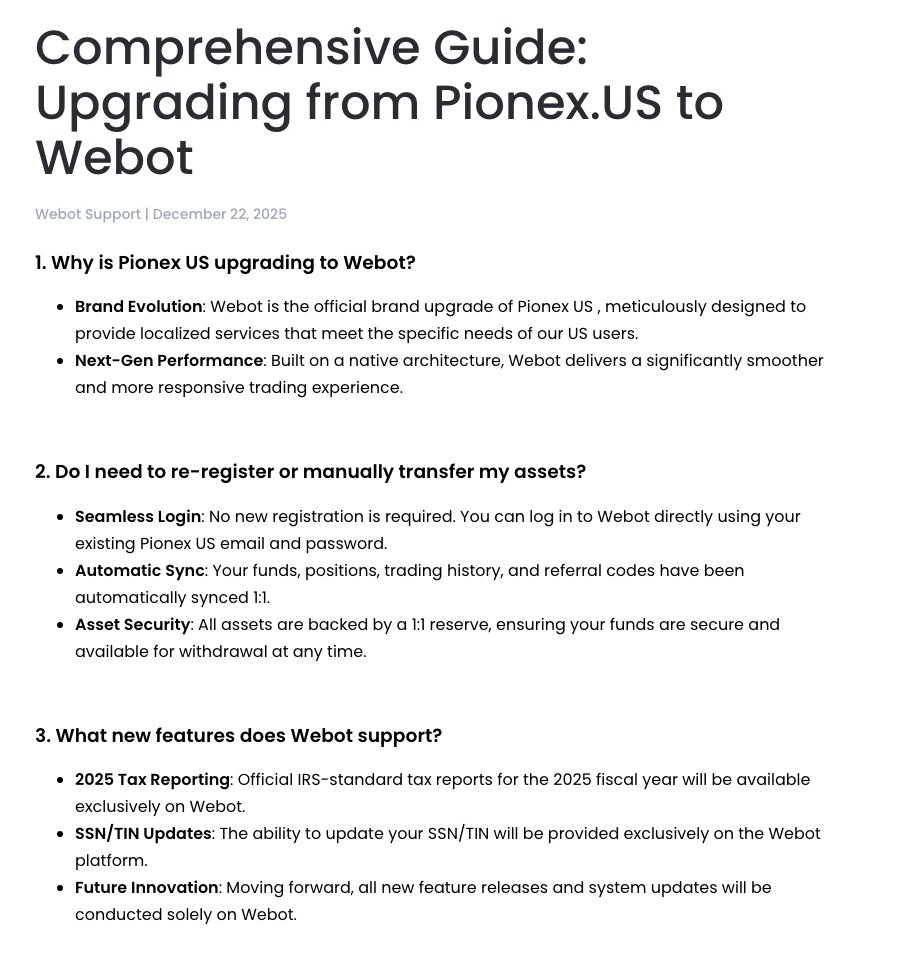 Pionex.US official guide explaining the move to Webot and synchronized account migration