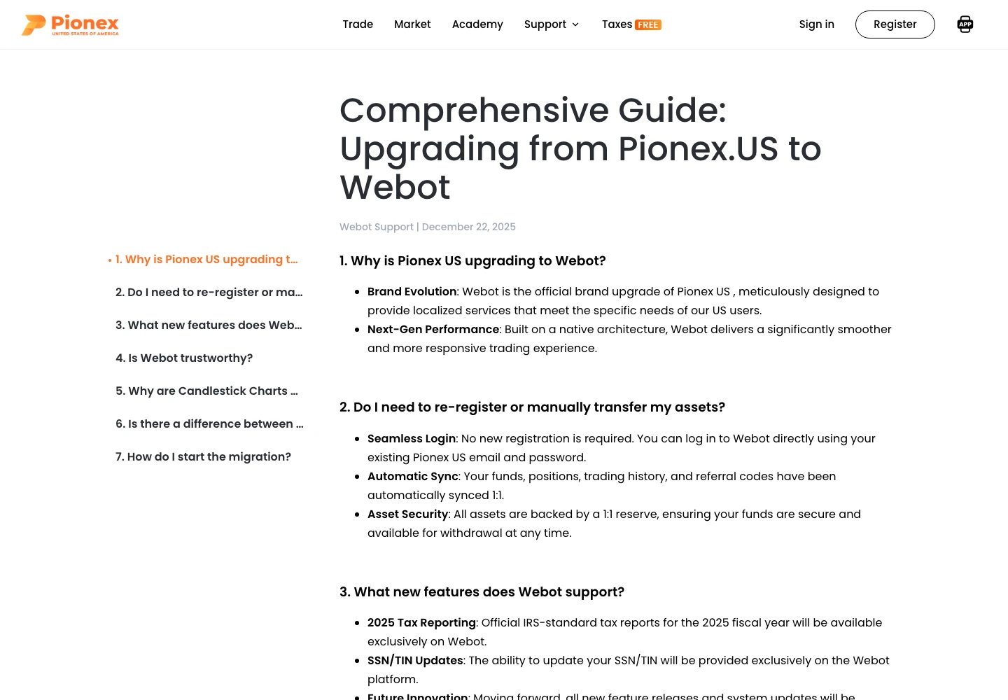 Pionex.US article describing the Webot upgrade path and account migration context