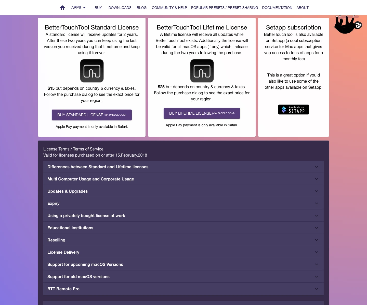 BetterTouchTool official buy page showing Standard License and Lifetime License pricing
