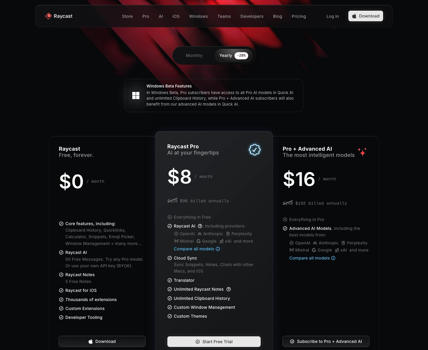 Raycast official pricing page showing Free, Pro, and Pro plus Advanced AI annual prices