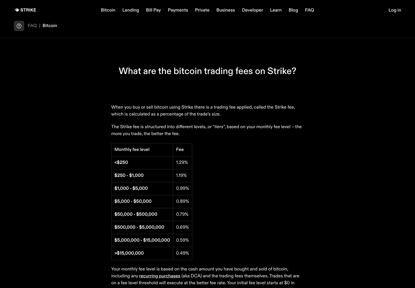 Official Strike FAQ showing Bitcoin trading fee tiers and recurring purchase fee language