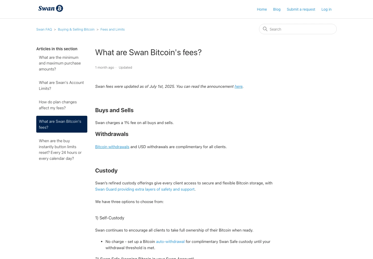 Official Swan Bitcoin help page showing buy sell fees, custody options, and Swan Safe fee language