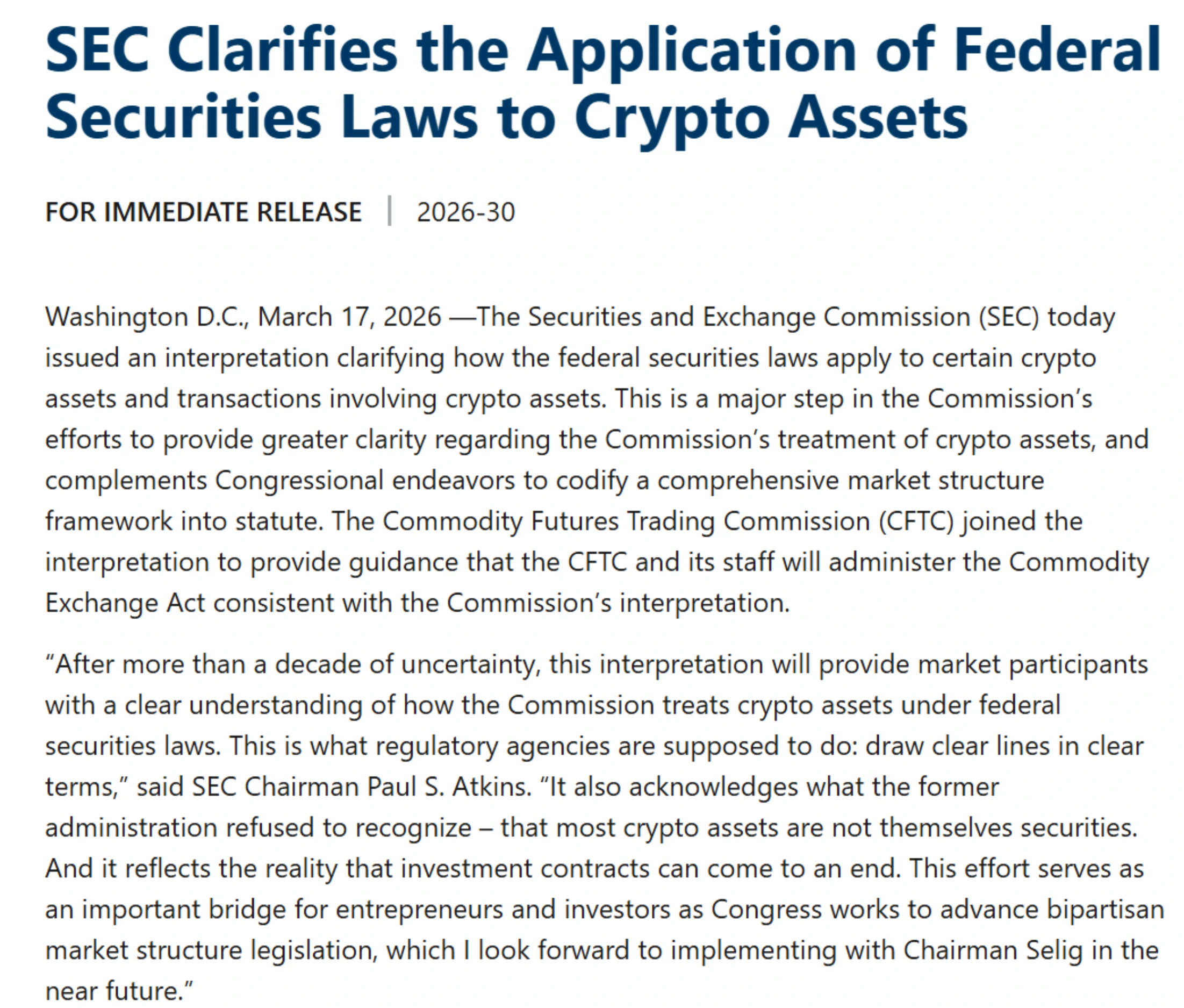 SEC.gov press release announcing Solana and 15 other crypto assets classified as digital commodities, March 17 2026