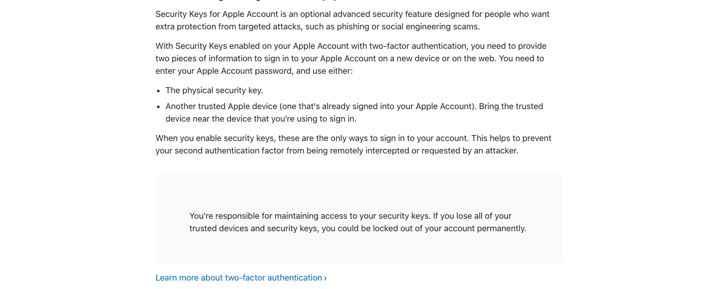 Apple Support page warning that losing trusted devices and security keys can permanently lock an account