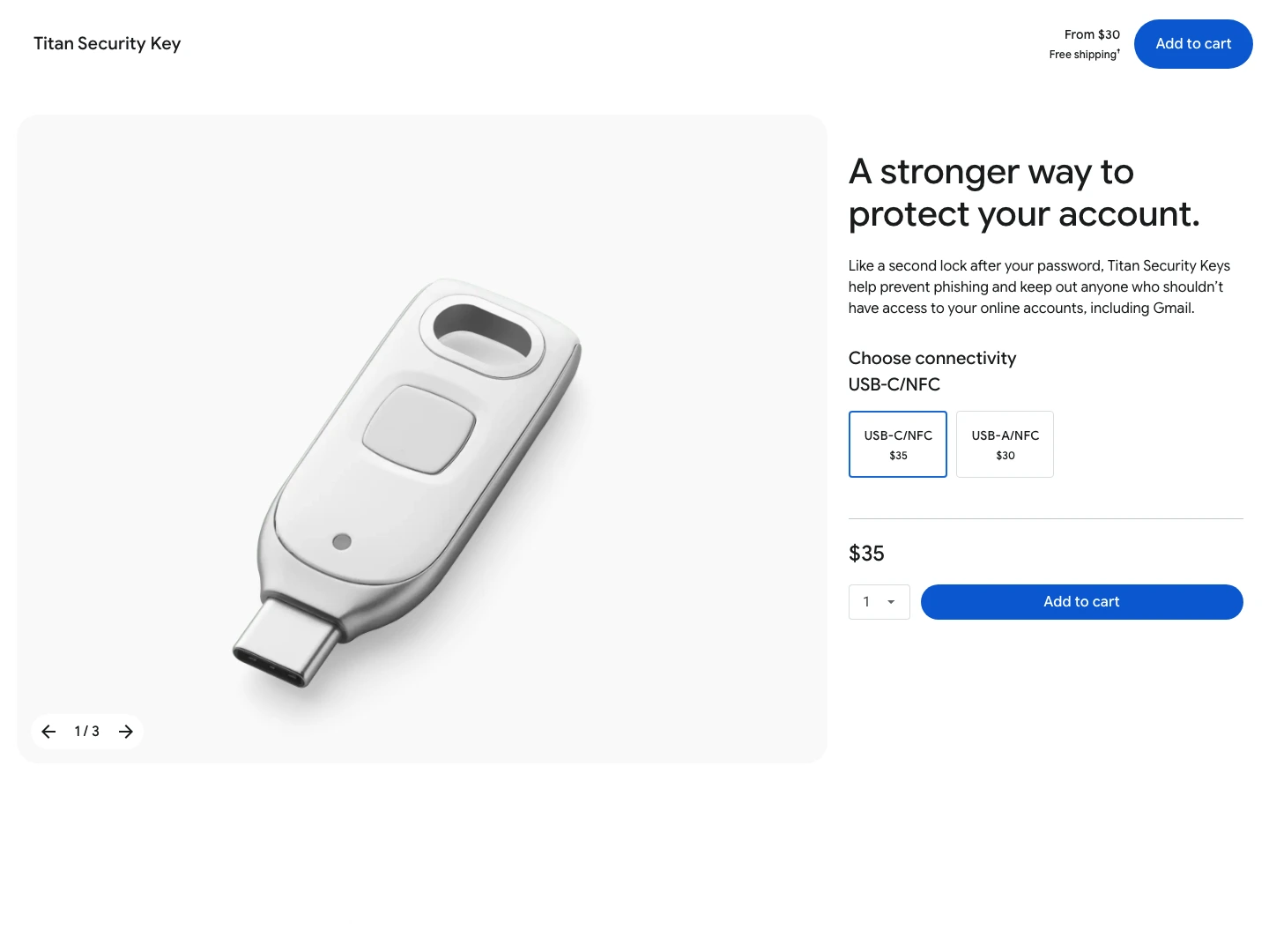 Google Store product page showing Titan Security Key from $30 with USB-C NFC and USB-A NFC options