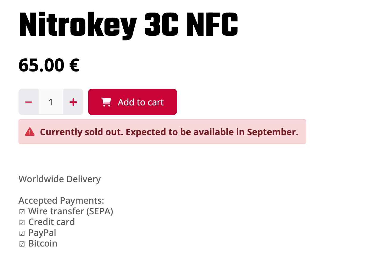 Nitrokey shop page showing Nitrokey 3C NFC 65.00 EUR pricing, worldwide delivery, and current sold-out warning