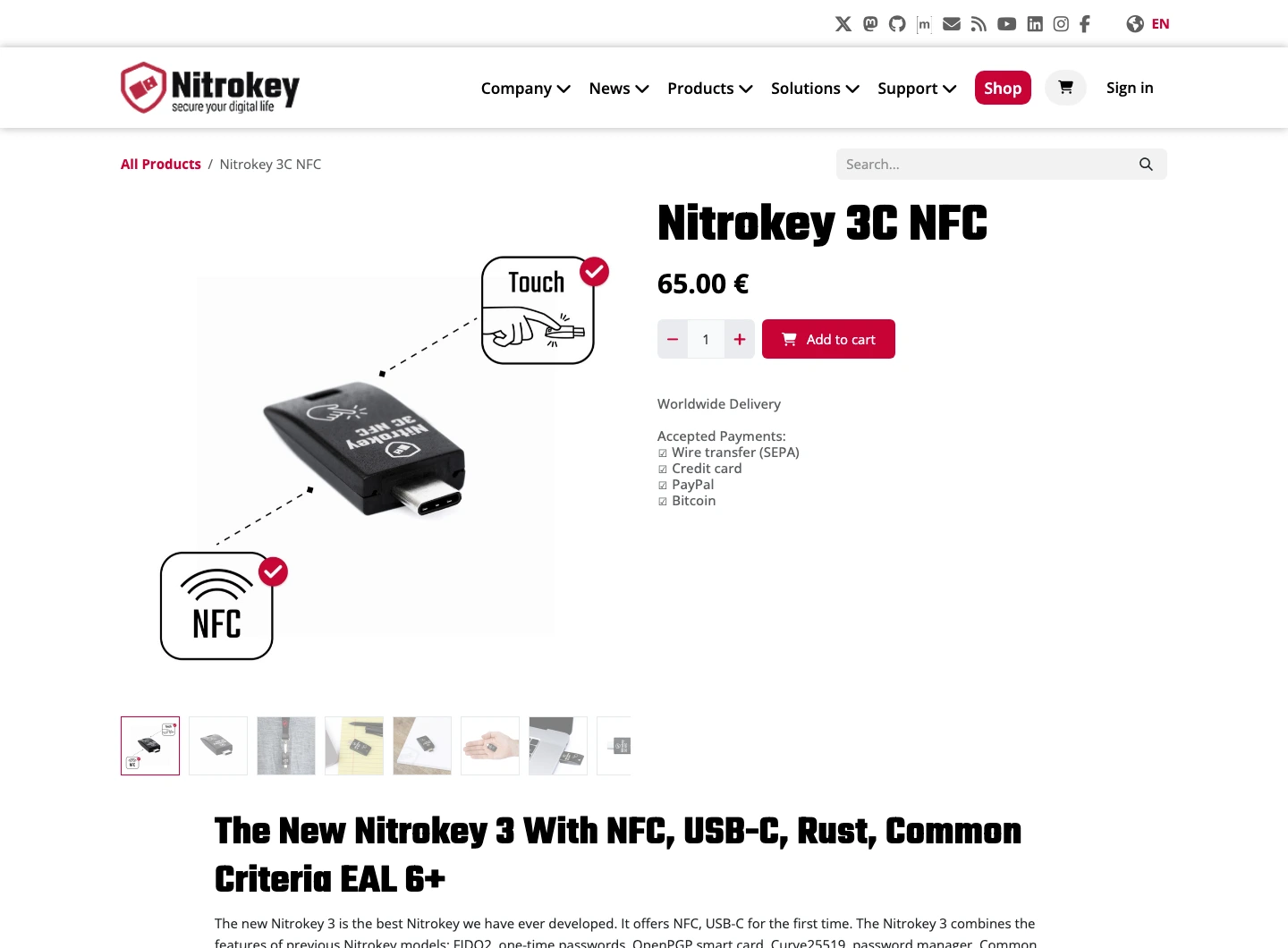 Nitrokey shop page showing Nitrokey 3C NFC EUR65 pricing, Add to cart, USB-C NFC product image, worldwide delivery, and Common Criteria EAL 6 plus open-source positioning
