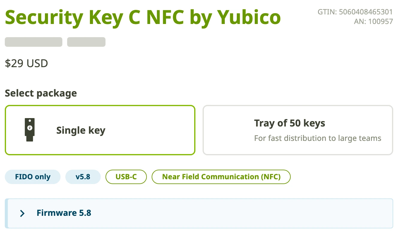 Yubico product page showing Security Key C NFC price, FIDO-only label, USB-C NFC support, and firmware 5.8