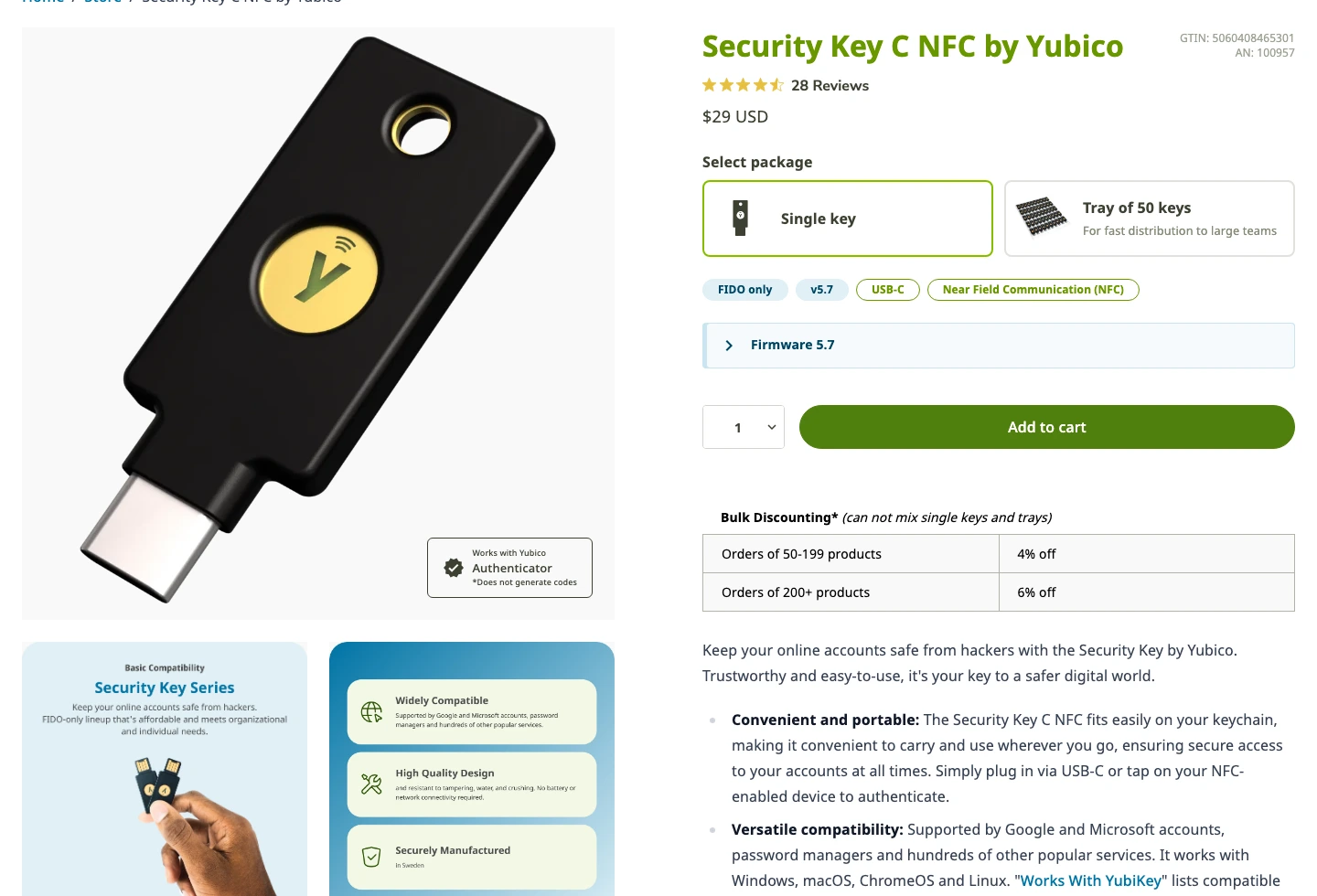 Yubico product page showing Security Key C NFC price, FIDO-only label, USB-C NFC support, and code-generation limitation