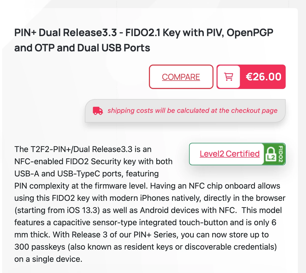 Token2 product page showing PIN Dual Release 3.3 price, dual USB ports, FIDO2.1 support, and 300-passkey capacity language