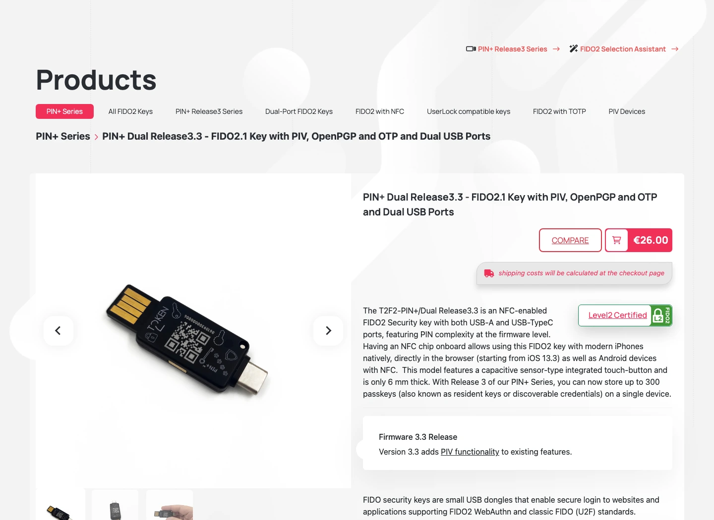 Token2 product page showing PIN Dual Release 3.3 price, dual USB ports, FIDO2.1 support, and 300-passkey capacity language