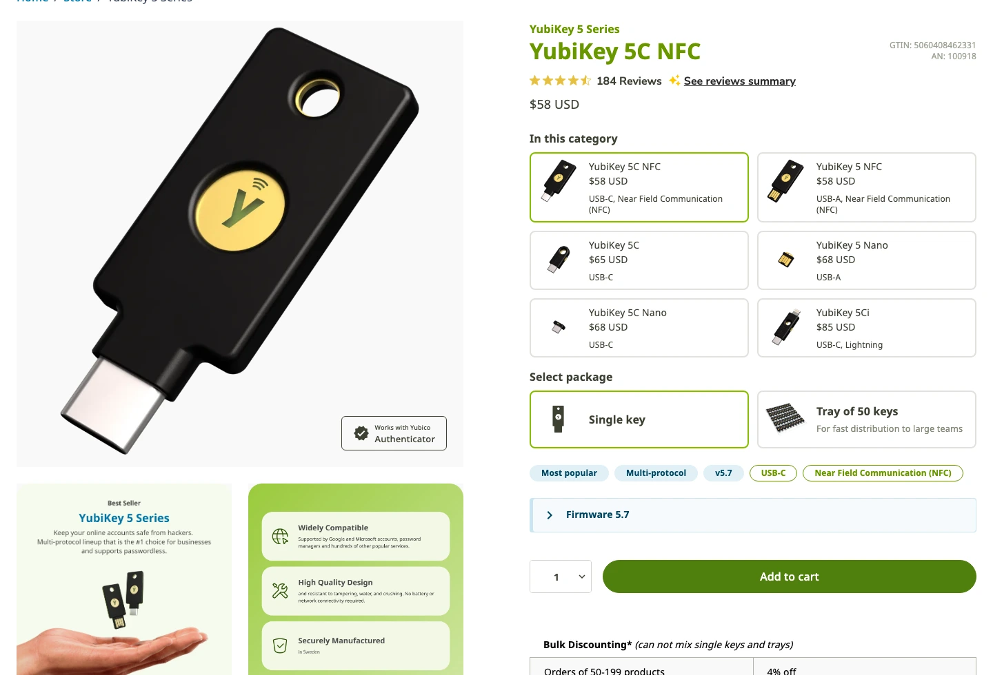 Yubico product page showing YubiKey 5C NFC pricing, USB-C NFC options, firmware 5.7, and multi-protocol labels