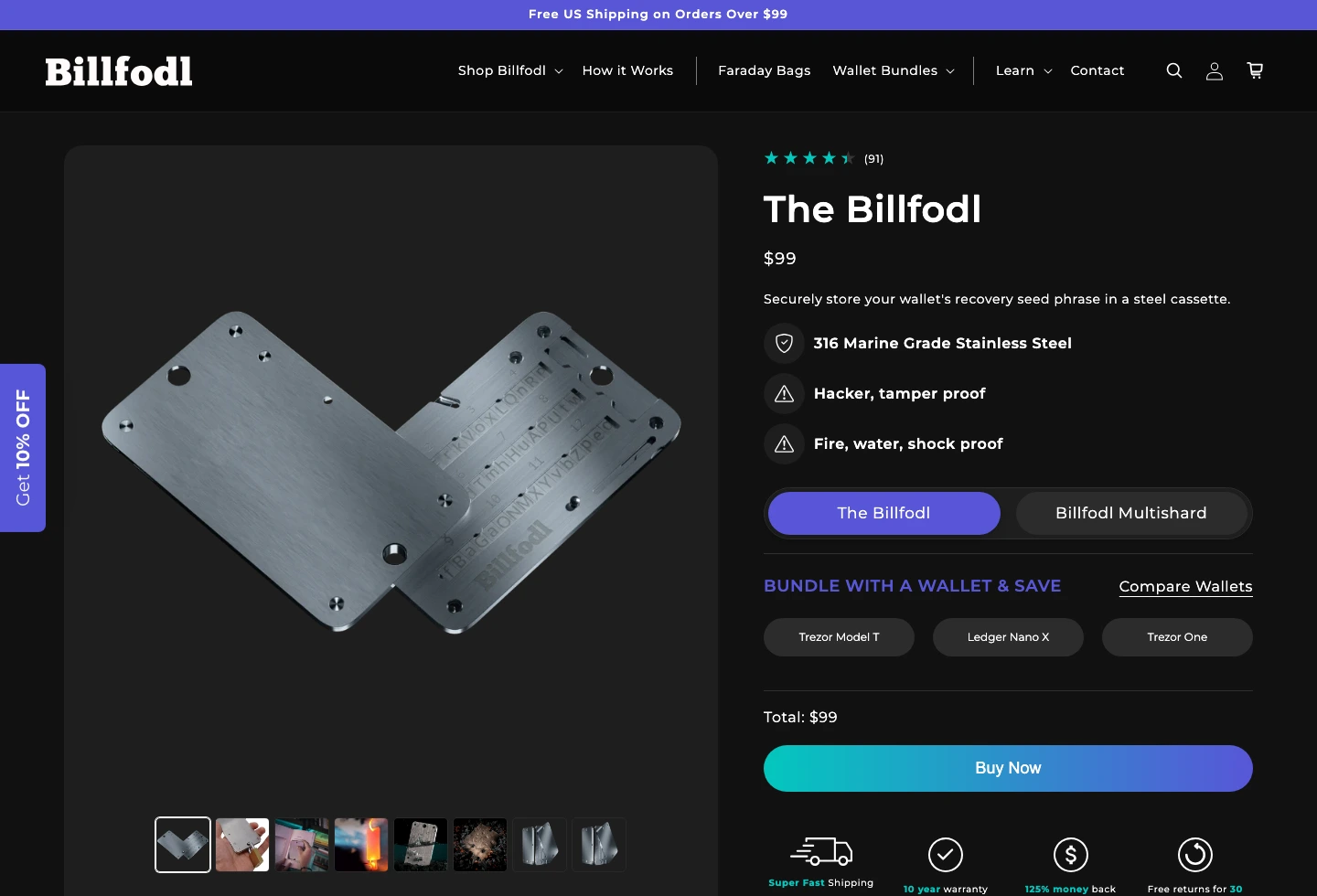Billfodl official page showing $99 price, 316 marine grade stainless steel, and setup proof