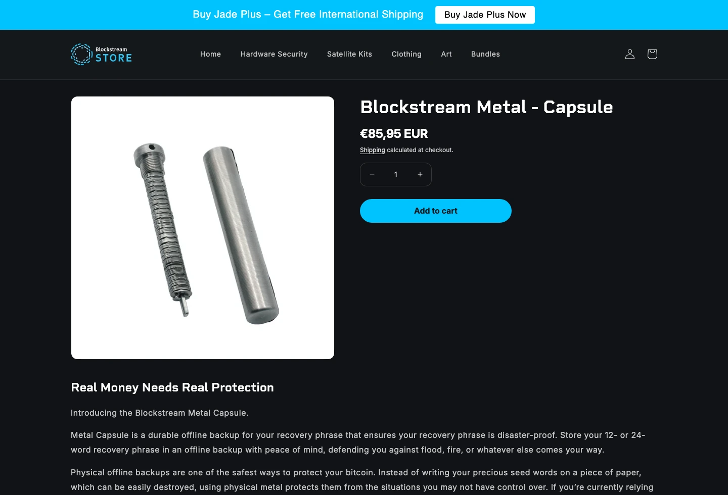 Blockstream official store page showing Metal Capsule price, product image, and seed phrase backup copy