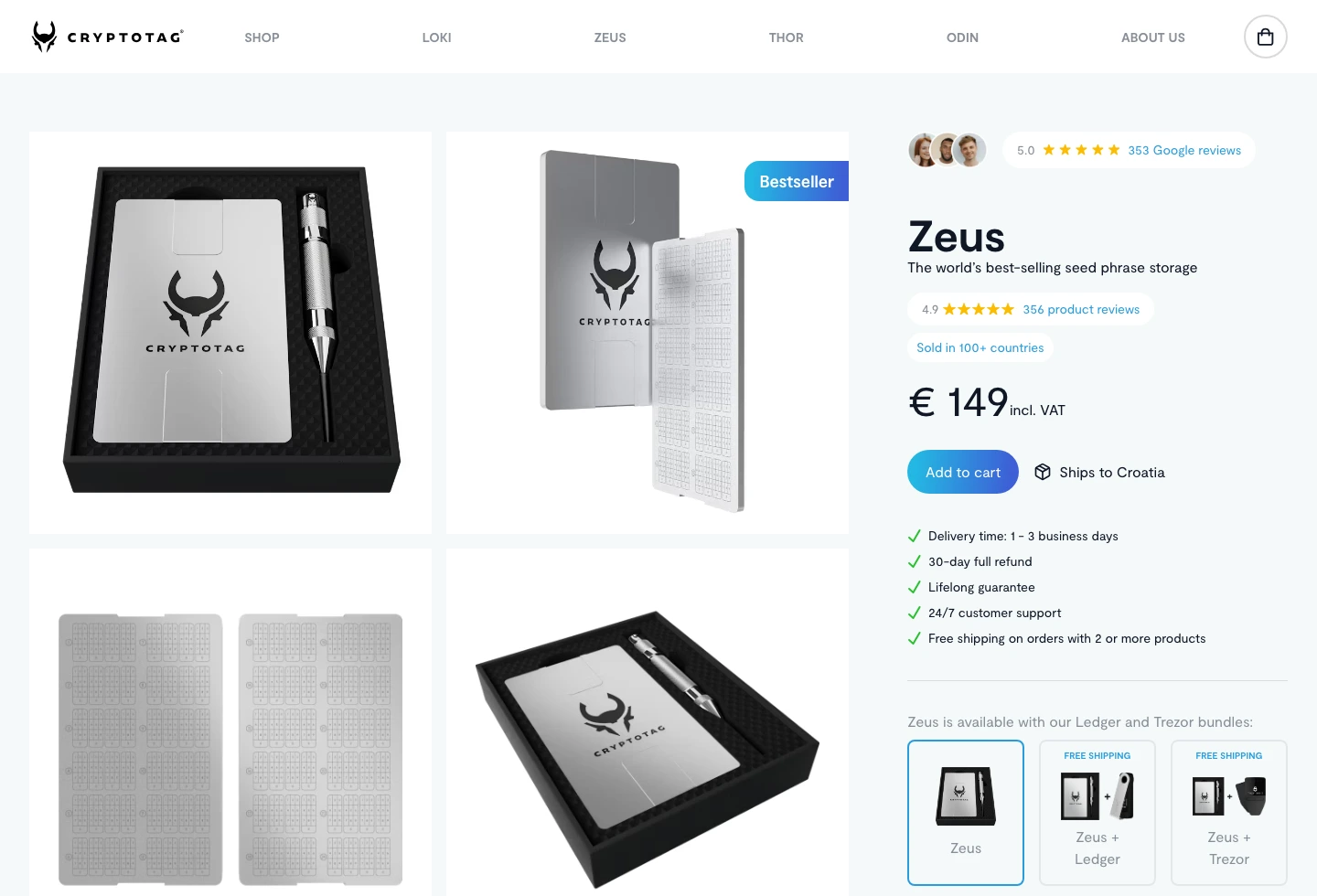 Cryptotag official page showing Zeus price, titanium product images, and product review count