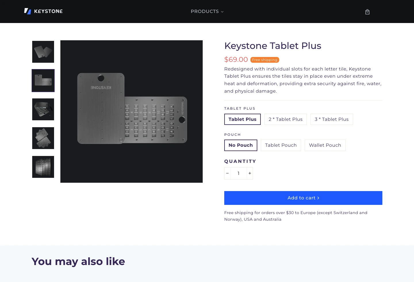 Keystone official page showing Tablet Plus price, product variants, and individual slot claim