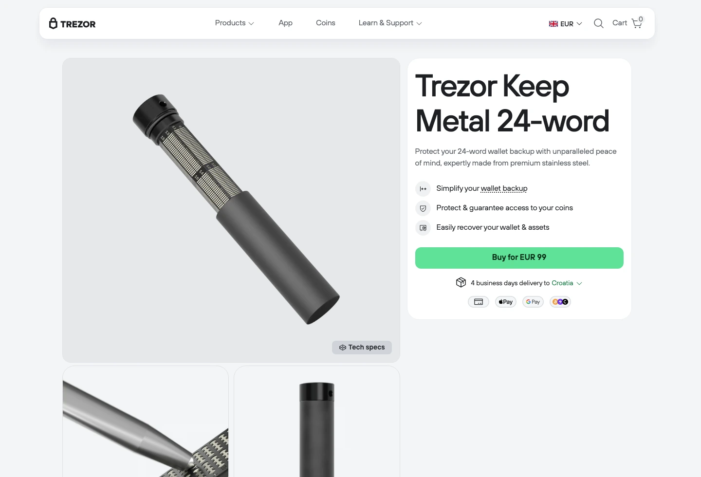 Trezor official page showing Keep Metal 24-word price, product image, and guided wallet backup workflow