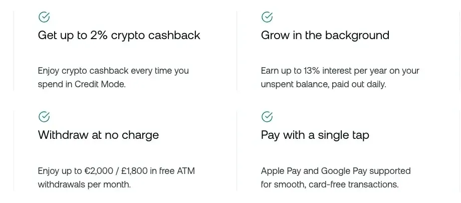 Nexo Card benefits section showing crypto cashback, interest, ATM allowance, and mobile wallet support