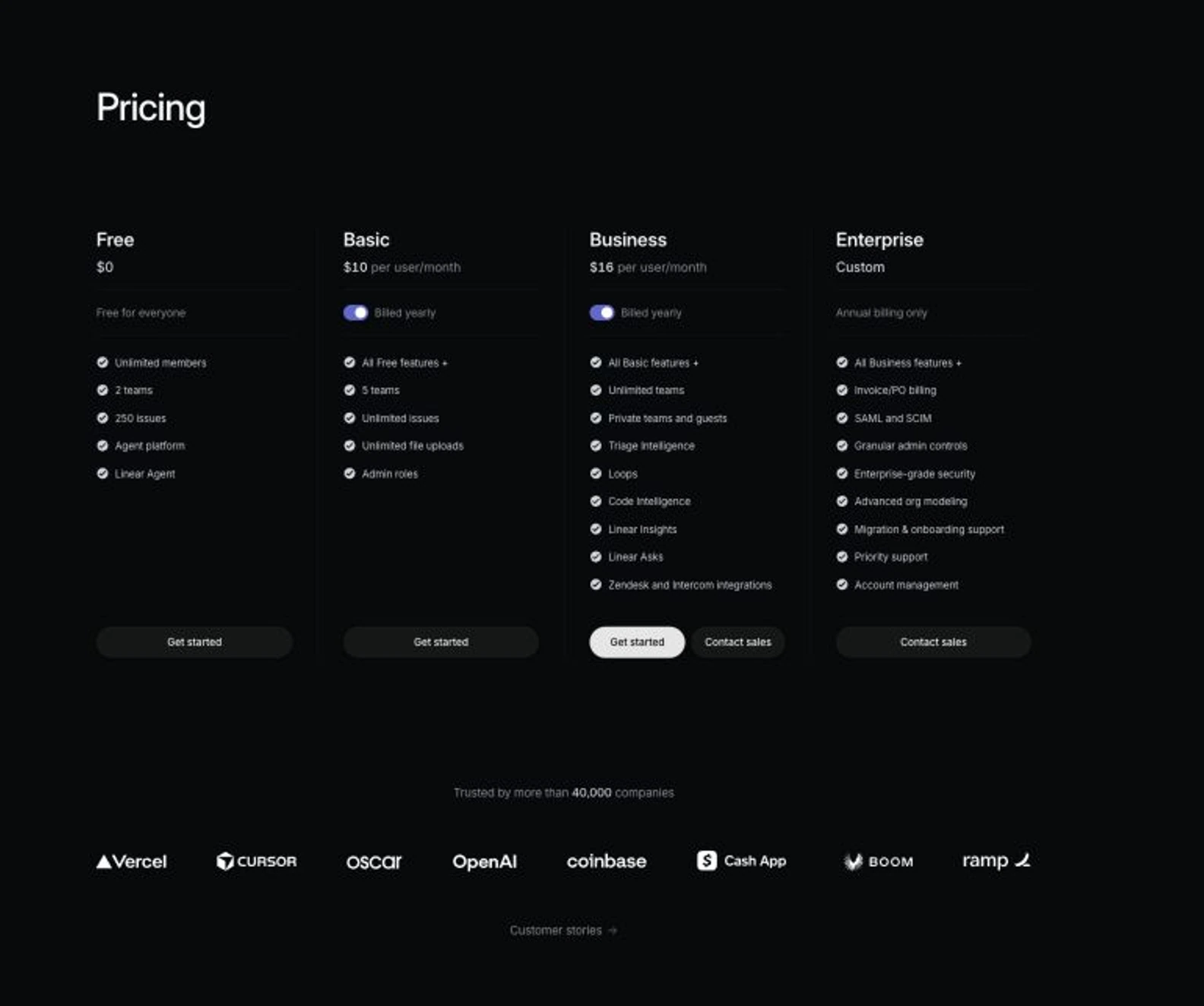 Linear pricing page showing Free, Basic, Business, and Enterprise plan cards with Linear Agent placement