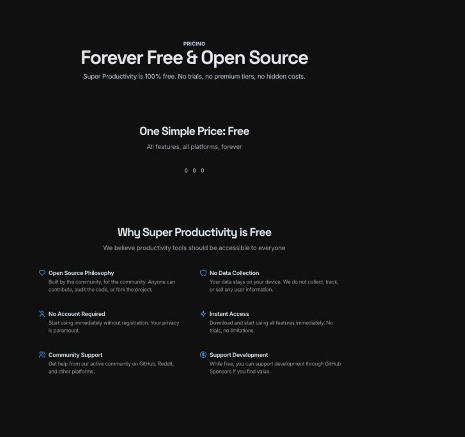 Super Productivity pricing page showing free open-source access, no paid tiers, local data, and no account requirement